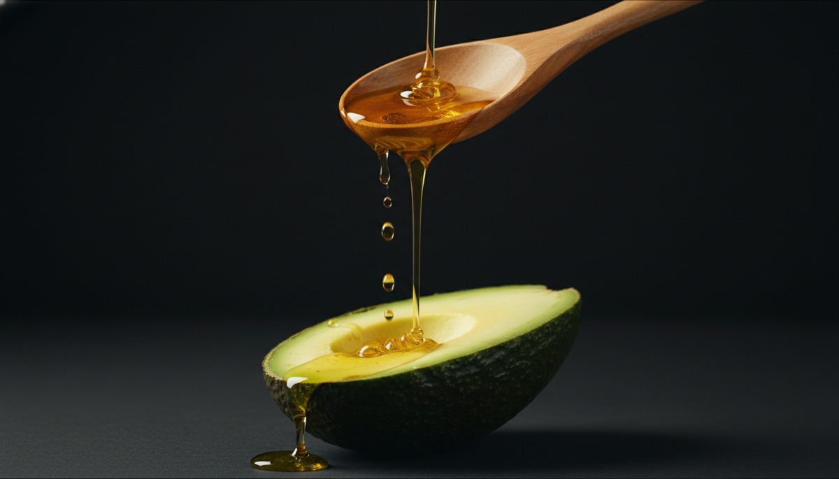 Aceite de aguacate Hass puro cayendo sobre aguacates frescos